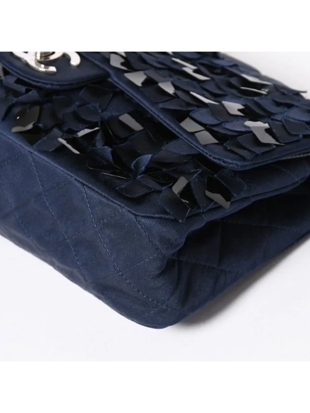 Chanel Quilted 25 Double Flap Chain Shoulder Bag CC Logo Satin Sequin Navy